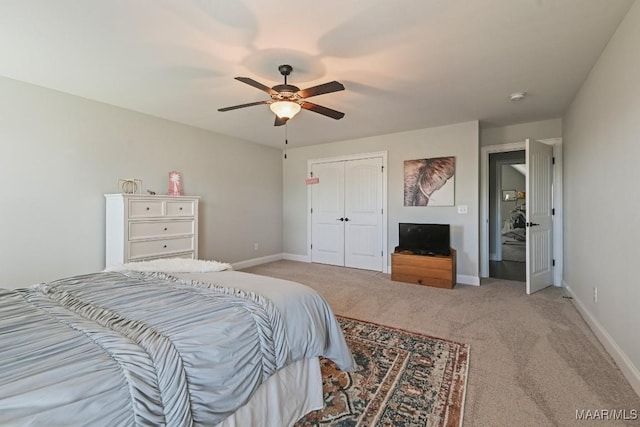 184 Houston St, Prattville, AL 36066 - bedroom with a closet, light carpet, a ceiling fan, and baseboards