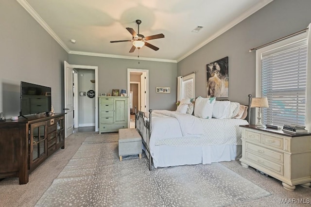 184 Houston St, Prattville, AL 36066 - bedroom featuring a ceiling fan, visible vents, ornamental molding, and light colored carpet