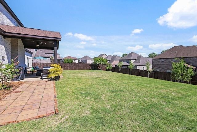184 Houston St, Prattville, AL 36066 - view of yard with a residential view, a patio area, a fenced backyard, and a ceiling fan