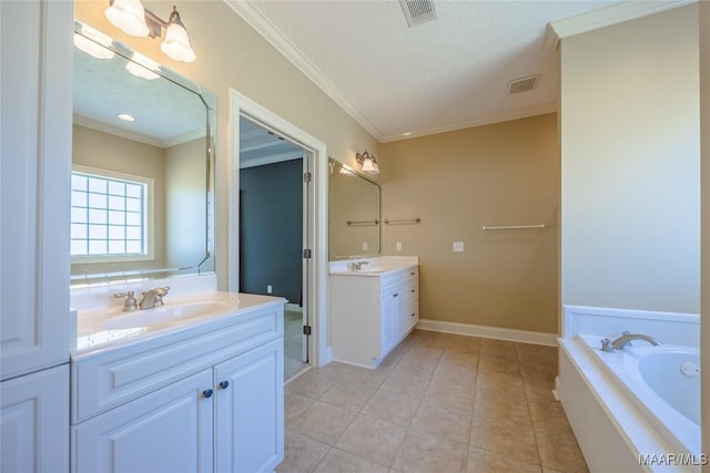 full bathroom featuring two vanities, crown molding, a sink, and visible vents