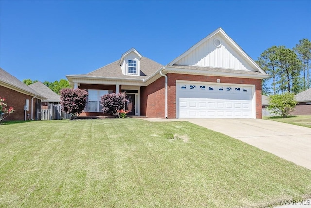 view of front of house featuring a front lawn, driveway, board and batten siding, an attached garage, and brick siding