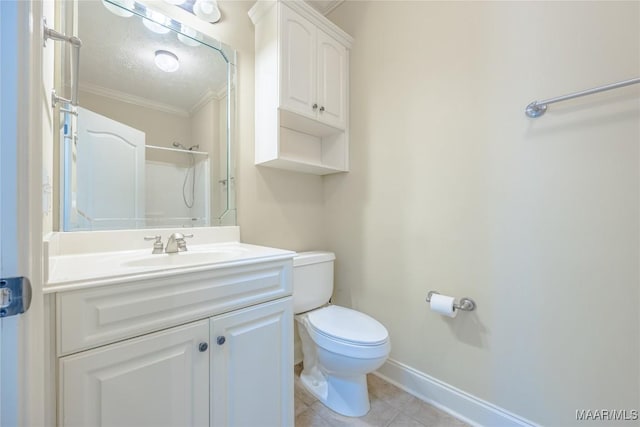 full bathroom featuring tile patterned floors, toilet, baseboards, walk in shower, and ornamental molding
