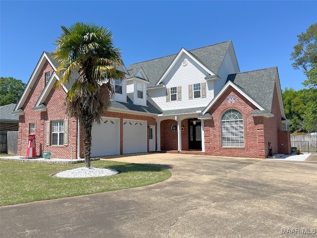 traditional-style home featuring fence, a shingled roof, concrete driveway, brick siding, and a garage