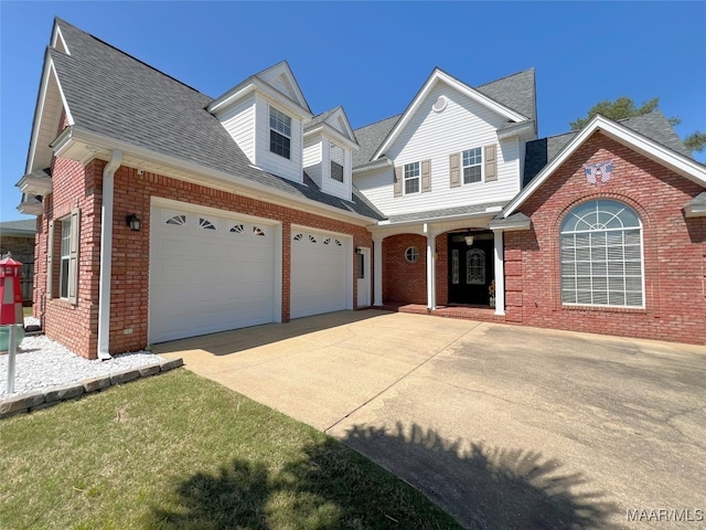 traditional-style home featuring brick siding, driveway, a porch, and roof with shingles