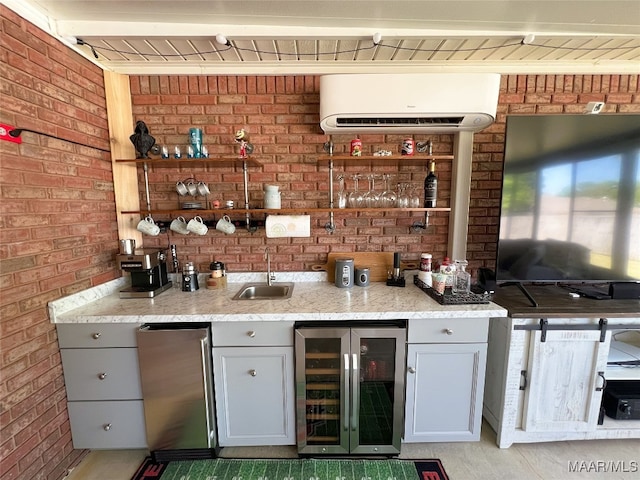 bar with a sink, brick wall, wet bar, wine cooler, and a wall unit AC