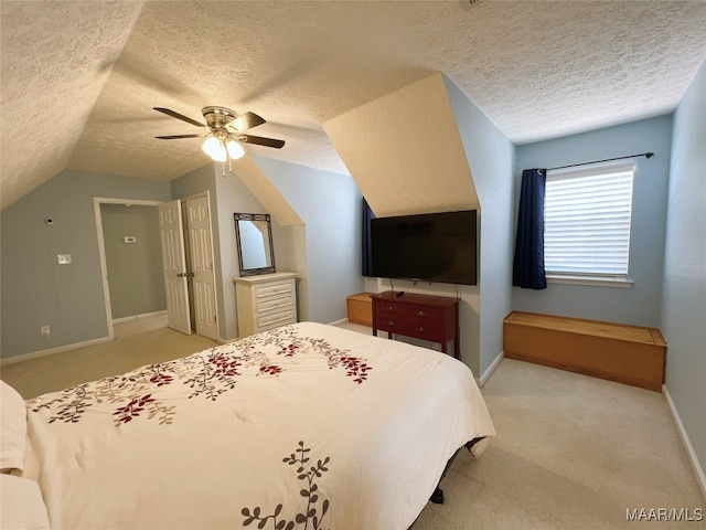 bedroom featuring baseboards, a textured ceiling, lofted ceiling, and light colored carpet