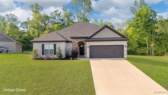 french country style house featuring brick siding, a garage, driveway, and a front yard