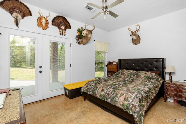 bedroom with vaulted ceiling, ceiling fan, french doors, access to exterior, and visible vents