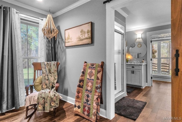 interior space with ornamental molding, vanity, and hardwood / wood-style floors