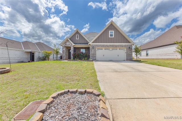 craftsman inspired home with board and batten siding, stone siding, a front lawn, and concrete driveway