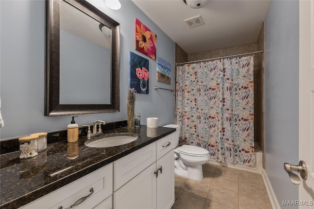 bathroom featuring vanity, baseboards, toilet, tile patterned flooring, and visible vents