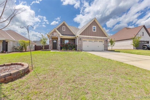 craftsman inspired home featuring board and batten siding, driveway, brick siding, a front yard, and a garage