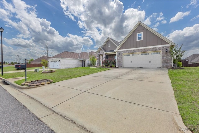 view of front facade with board and batten siding, a front lawn, a garage, and concrete driveway