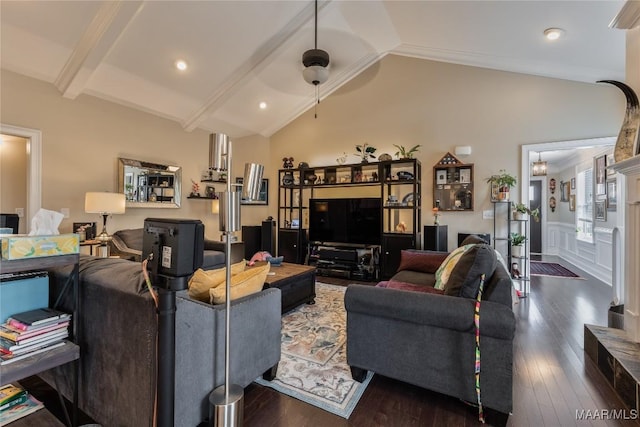 living room featuring dark wood-type flooring, vaulted ceiling with beams, and ceiling fan