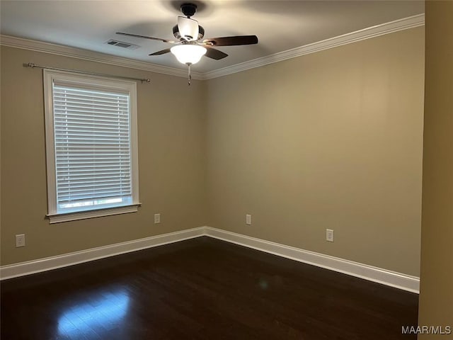 unfurnished room with baseboards, dark wood-style floors, ceiling fan, and crown molding