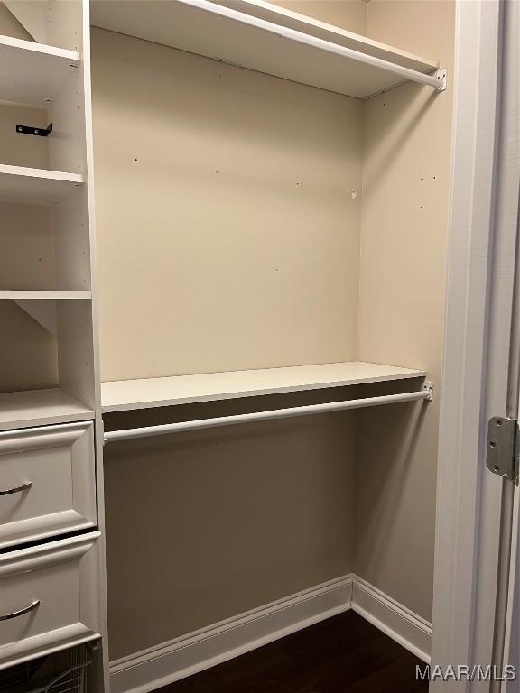 walk in closet with dark wood-style flooring