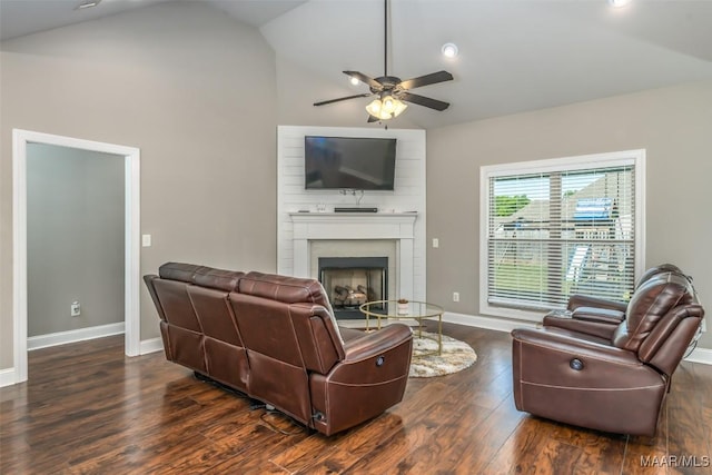 1017 Ridge Point Dr, Deatsville, AL 36022 - living area featuring baseboards, high vaulted ceiling, a ceiling fan, wood finished floors, and a fireplace