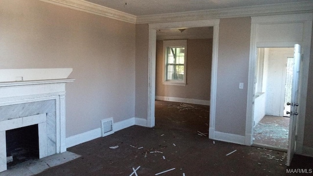 12 E Fairview Ave, Montgomery, AL 36105 - unfurnished living room with a fireplace, visible vents, crown molding, and baseboards