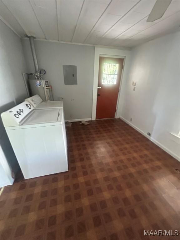 washroom featuring electric water heater, electric panel, baseboards, washer / clothes dryer, and laundry area