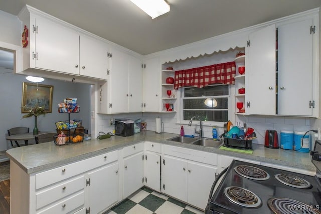 kitchen with black range with electric cooktop, open shelves, decorative backsplash, and a sink