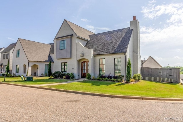french provincial home featuring a chimney, a front yard, and brick siding