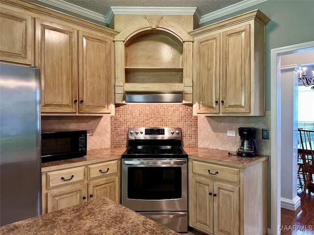 kitchen with crown molding, backsplash, appliances with stainless steel finishes, and wood finished floors