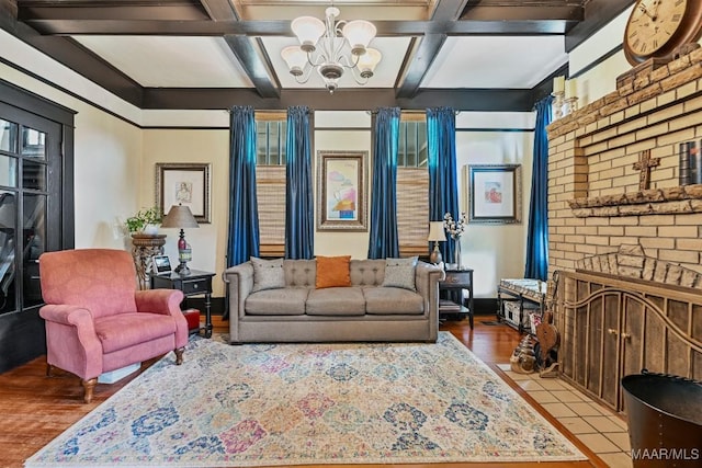 48 S Capitol Pkwy, Montgomery, AL 36107 - living room with a chandelier, coffered ceiling, beam ceiling, and a brick fireplace