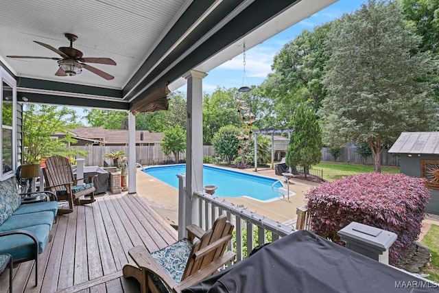 48 S Capitol Pkwy, Montgomery, AL 36107 - view of swimming pool with a fenced in pool, ceiling fan, a wooden deck, and a fenced backyard
