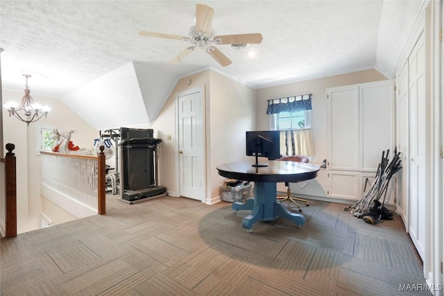 100 S Franklin Ave, Luverne, AL 36049 - office area featuring light colored carpet, baseboards, ceiling fan with notable chandelier, and lofted ceiling
