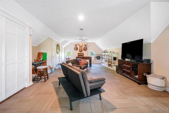 100 S Franklin Ave, Luverne, AL 36049 - living room featuring baseboards, a ceiling fan, and vaulted ceiling