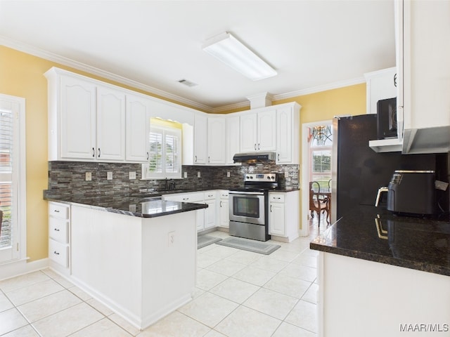 kitchen featuring stainless steel range with electric cooktop, under cabinet range hood, ornamental molding, backsplash, and a peninsula