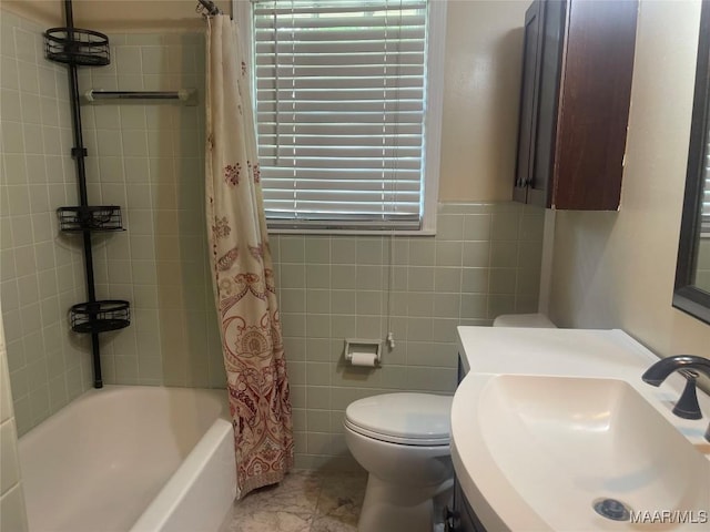 3244 Cheltenham Dr, Montgomery, AL 36116 - bathroom with toilet, tile walls, shower / bath combo with shower curtain, and vanity