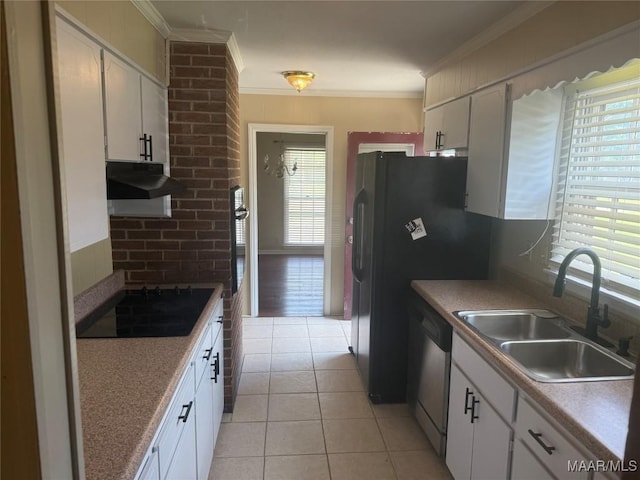 3244 Cheltenham Dr, Montgomery, AL 36116 - kitchen with black appliances, under cabinet range hood, crown molding, and a sink