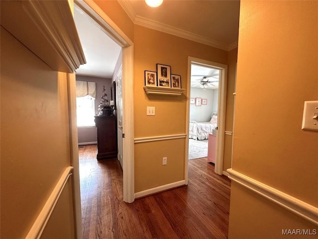 corridor with crown molding, dark wood-style floors, and baseboards