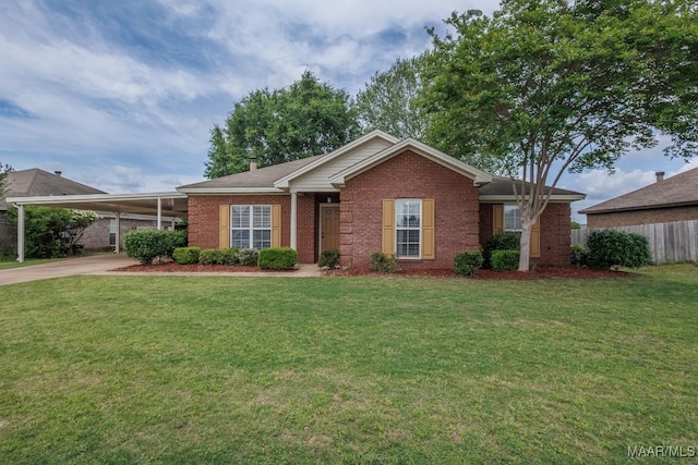 view of front of home featuring brick siding, fence, an attached carport, driveway, and a front lawn