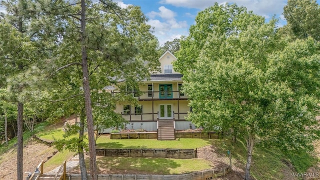 733 Cartwright Rd, Titus, AL 36080 - back of house featuring stairs, a yard, a shingled roof, and french doors