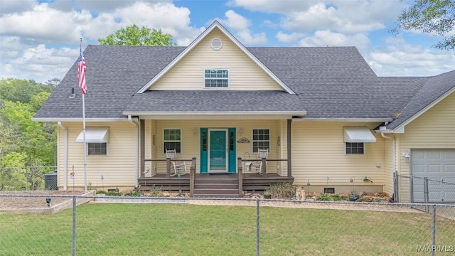 733 Cartwright Rd, Titus, AL 36080 - view of front of home with covered porch, crawl space, fence, a front lawn, and a garage