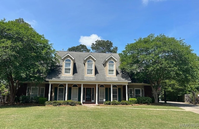 new england style home with roof with shingles, a porch, and a front lawn