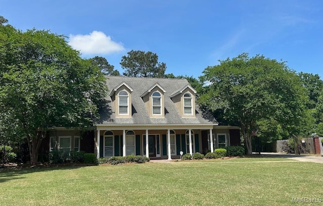 cape cod-style house featuring a porch, a front yard, and a shingled roof