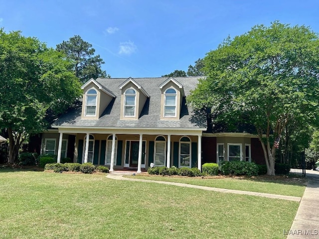 cape cod home with covered porch, a front yard, and roof with shingles