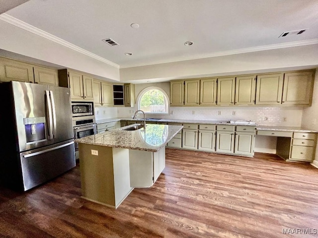 kitchen featuring visible vents, ornamental molding, appliances with stainless steel finishes, and dark wood-type flooring