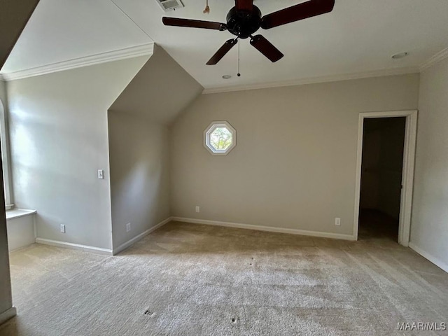 bonus room featuring ceiling fan, baseboards, visible vents, and carpet floors