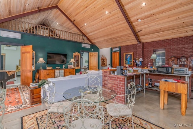 dining space with high vaulted ceiling, wood ceiling, and finished concrete floors