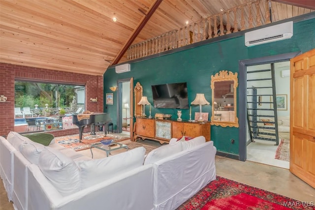 living room featuring concrete floors, an AC wall unit, brick wall, and wood ceiling