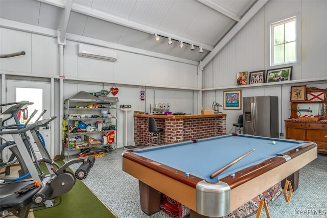 playroom with carpet flooring, vaulted ceiling, rail lighting, billiards, and a wall mounted air conditioner