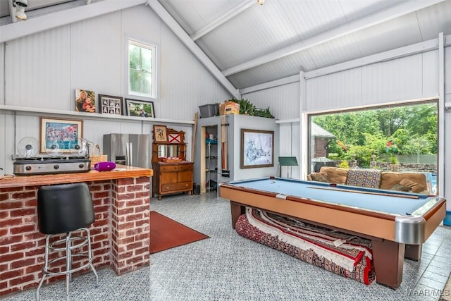 recreation room featuring billiards and vaulted ceiling