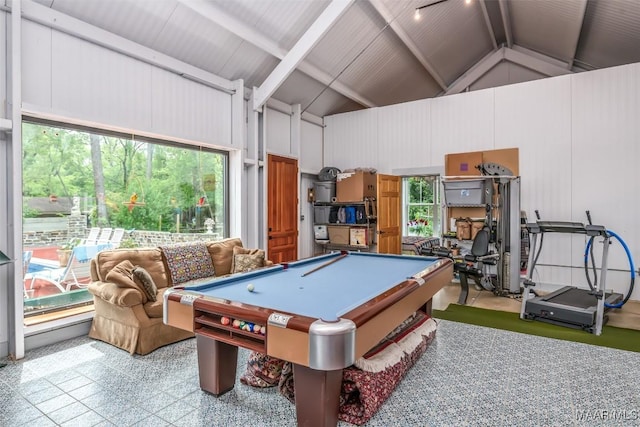 recreation room with beam ceiling, high vaulted ceiling, and pool table