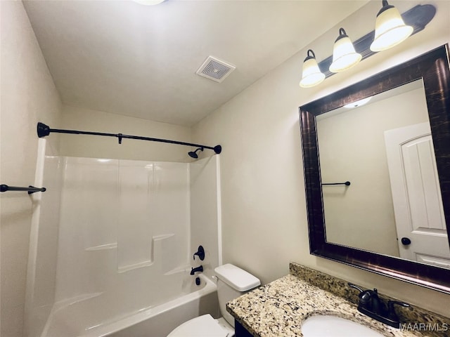 full bathroom featuring toilet, shower / bathtub combination, visible vents, and vanity