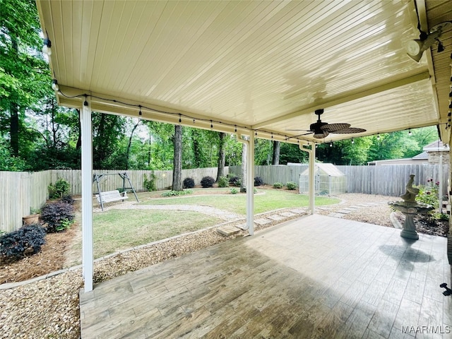 view of patio / terrace featuring ceiling fan and a fenced backyard