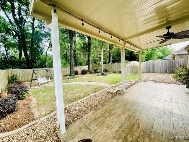 view of patio / terrace featuring a ceiling fan and a fenced backyard